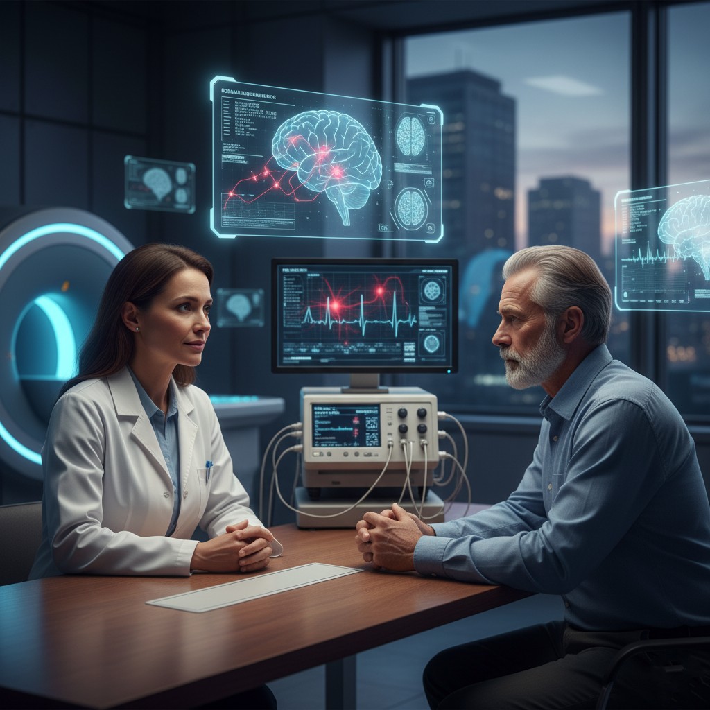 Image of a neurologist consulting with a patient, with medical equipment in the background