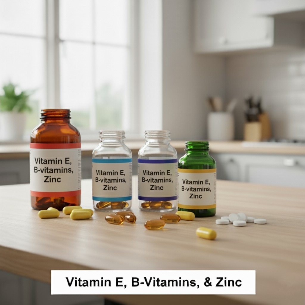 Assorted bottles of Vitamin E B-Vitamins and Zinc supplements